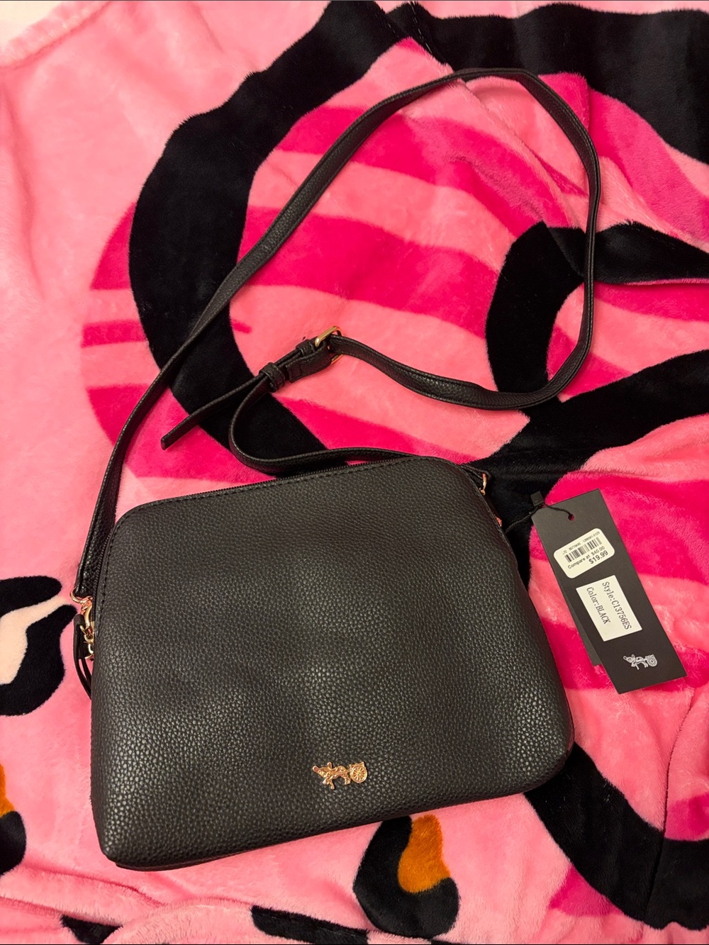 Small Black Pebbled Crossbody Bag with Gold Logo Accent